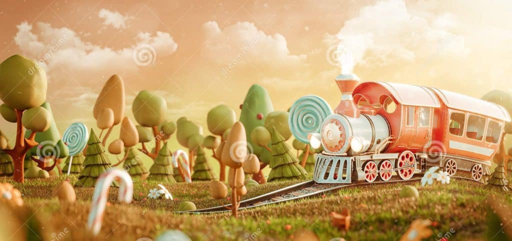 神奇森林里迷人的可爱小火车 神奇森林中可爱的小火车不寻常的 d插图明信片 童年概念 180752488