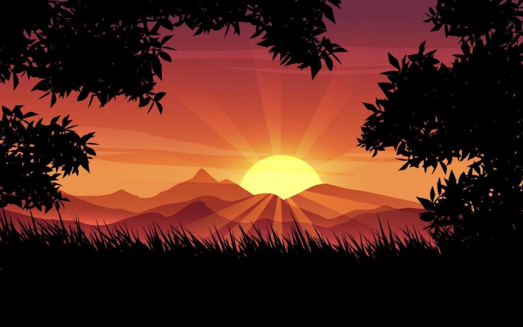Beautiful morning sunrise landscape with mountains silhouette of trees and grass vector