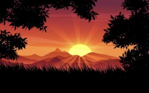 Beautiful morning sunrise landscape with mountains silhouette of trees and grass vector